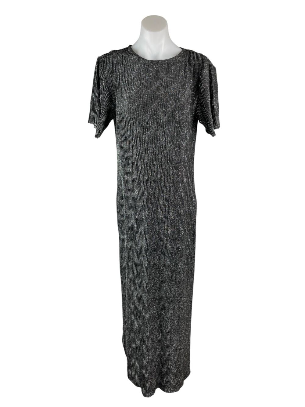MNG Mango Womens Black Glitter Metallic Textured Short Sleeve Maxi Shift Dress 4